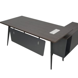 Modern Office L Shape Executive Desk Main Table Top L1600xD800xH750mm+ Side Return. 1 Drawer with Fixed storage with Door provided Curved Legs/beam with Powder coated metal Structure Melamine25mm top with 2 Adjustable Grommet Hole Modesty Panel provided Black sand gritt finish