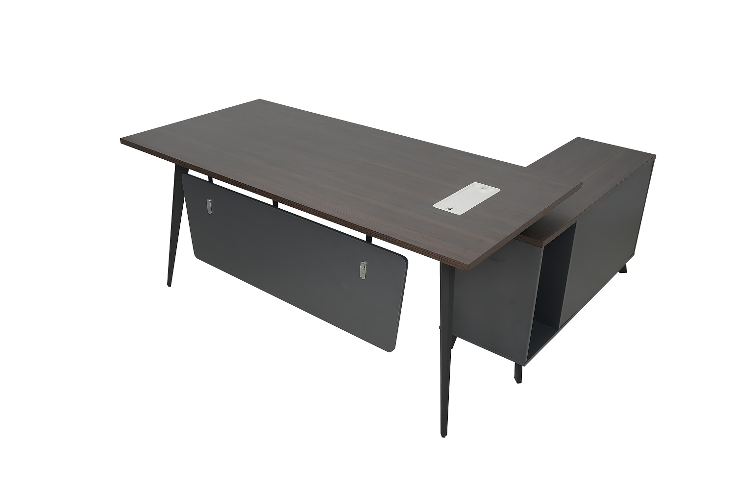 Modern Office L Shape Executive Desk Main Table Top L1600xD800xH750mm+ Side Return. 1 Drawer with Fixed storage with Door provided Curved Legs/beam with Powder coated metal Structure Melamine25mm top with 2 Adjustable Grommet Hole Modesty Panel provided Black sand gritt finish